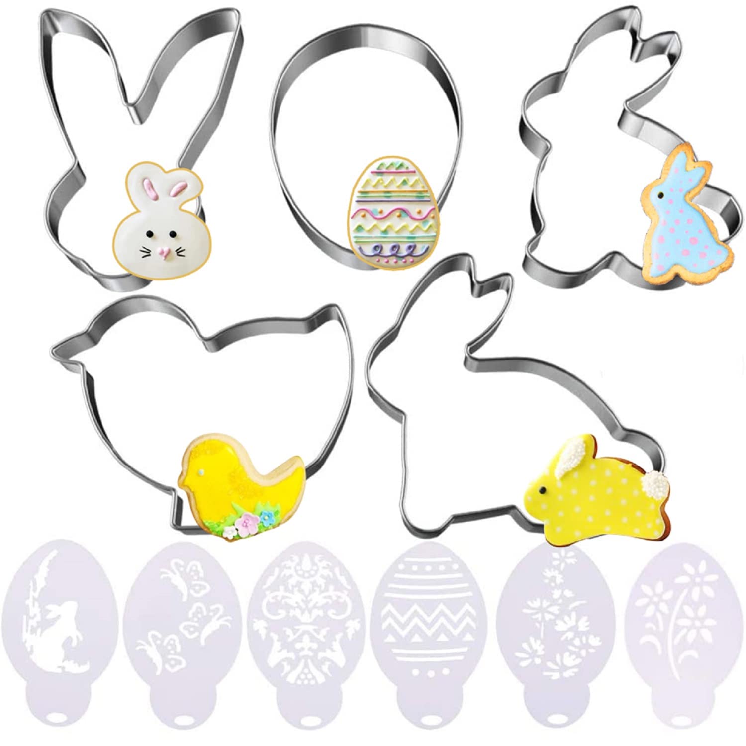 Faburo Easter Cookie Mould Set of 5 with 6 Pressure Moulds - Stainless Steel Baking Mould Egg Chicken Rabbit Cookie Biscuit Baking Fondant