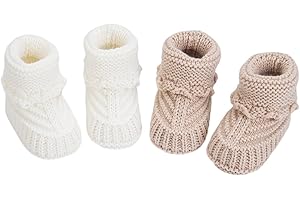 TJCONETJC Baby Booties, Newborn Walking Shoes, Infant Hand Crochet Knit Cotton Sock Booties, Soft Cozy Socks Slippers, Indoor House Shoes for Baby, 2 Pairs