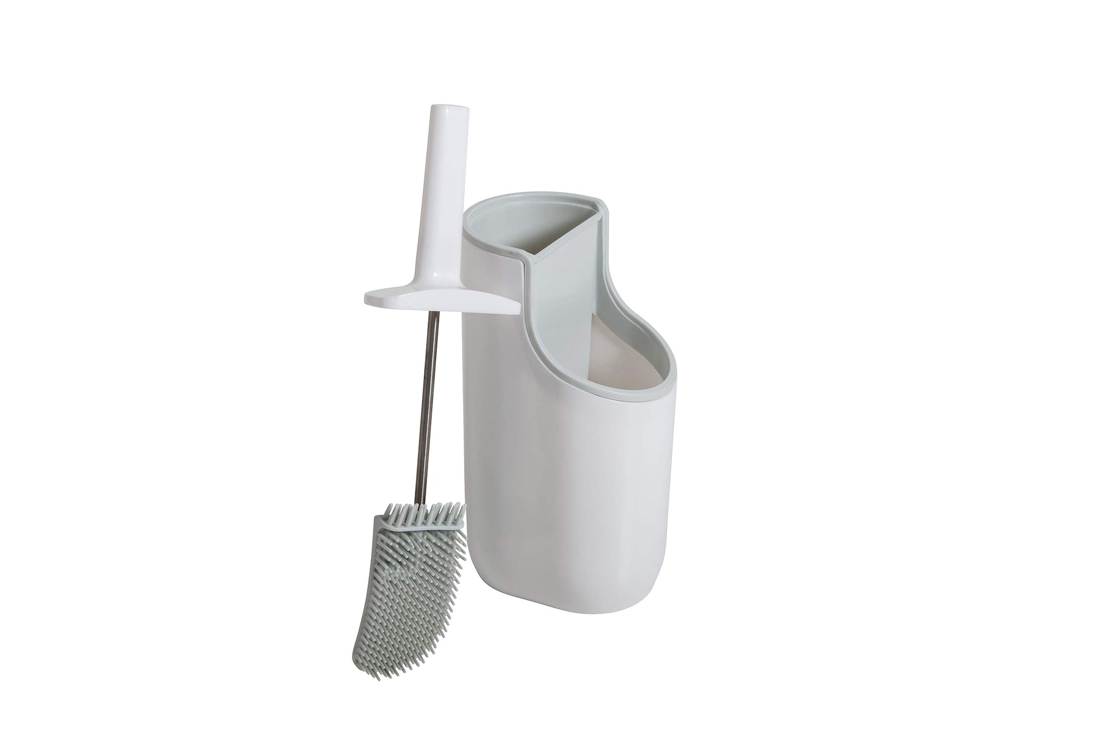 Addis 518672 Premium Toilet Brush & Storage Station Set with deep clean flexible Silicone Toilet Brush with non Slip Long Handle and Anti clog Bristles Quick Drying Holder Set for Bathroom Toilet, White Grey