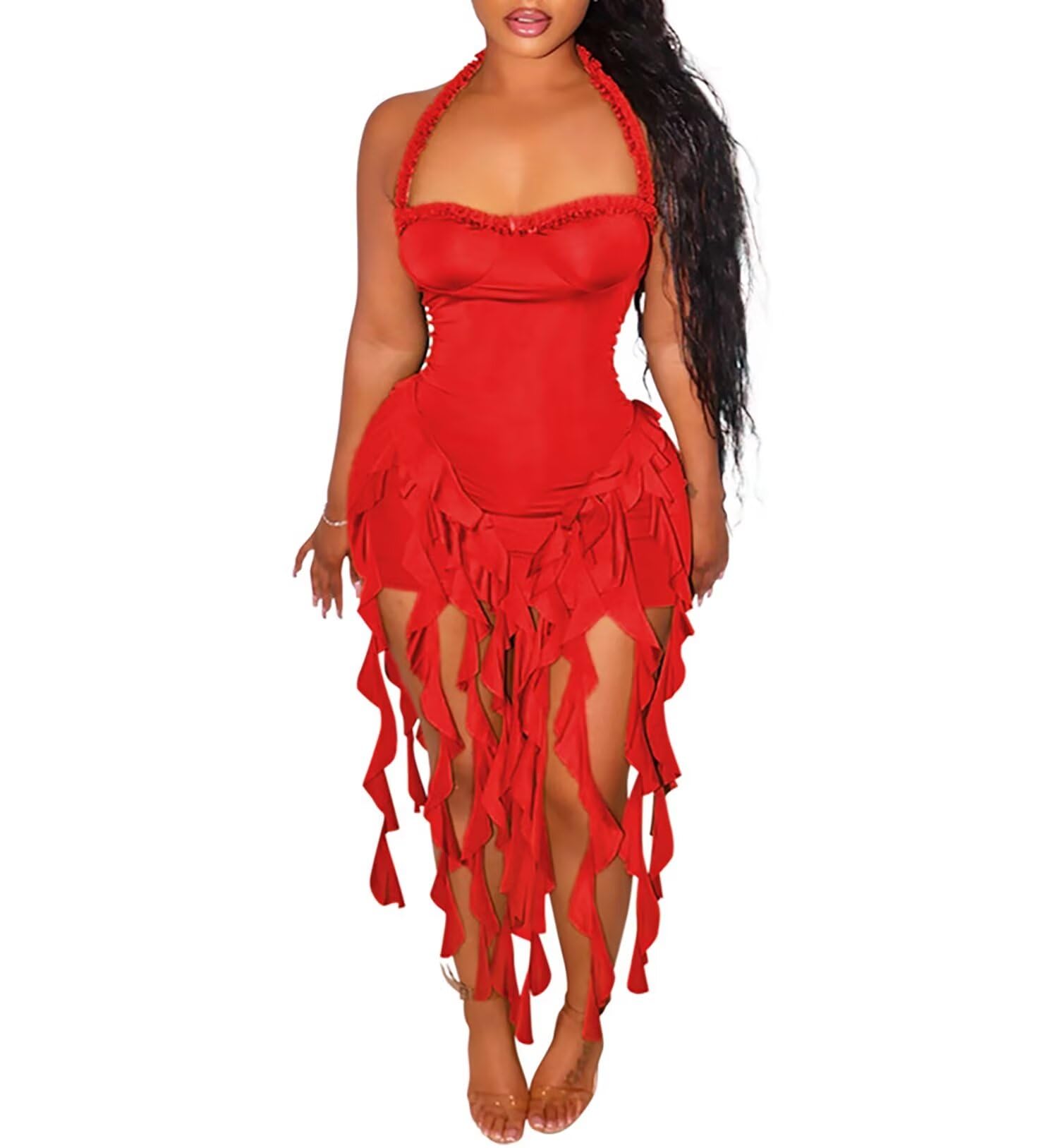 Photo 1 of Aro Lora Womens Sexy Halter Neck Sleeveless Ruffle Tassel Party Club Bodycon Mini Dress X-Large Red