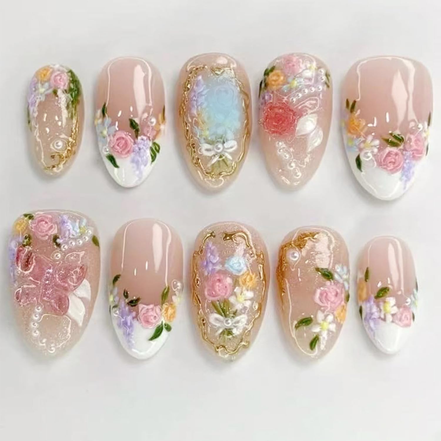 Photo 1 of 24Pcs Flower Press on Nails Short Almond Fake Nails with 3D Pearl Gems Butterfly Design Spring Summer Acrylic Nail French Tip False Nail Colorful Flower Glue on Nails Cute Artificial Stick on Nail