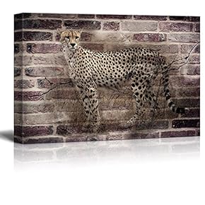 Canvas Print Wall Art - Watercolor Style Double Exposure with a Cheetah on a Cracked Brick Wall - Gallery Wrap Modern Home Art | Ready to Hang - 12x18 inches