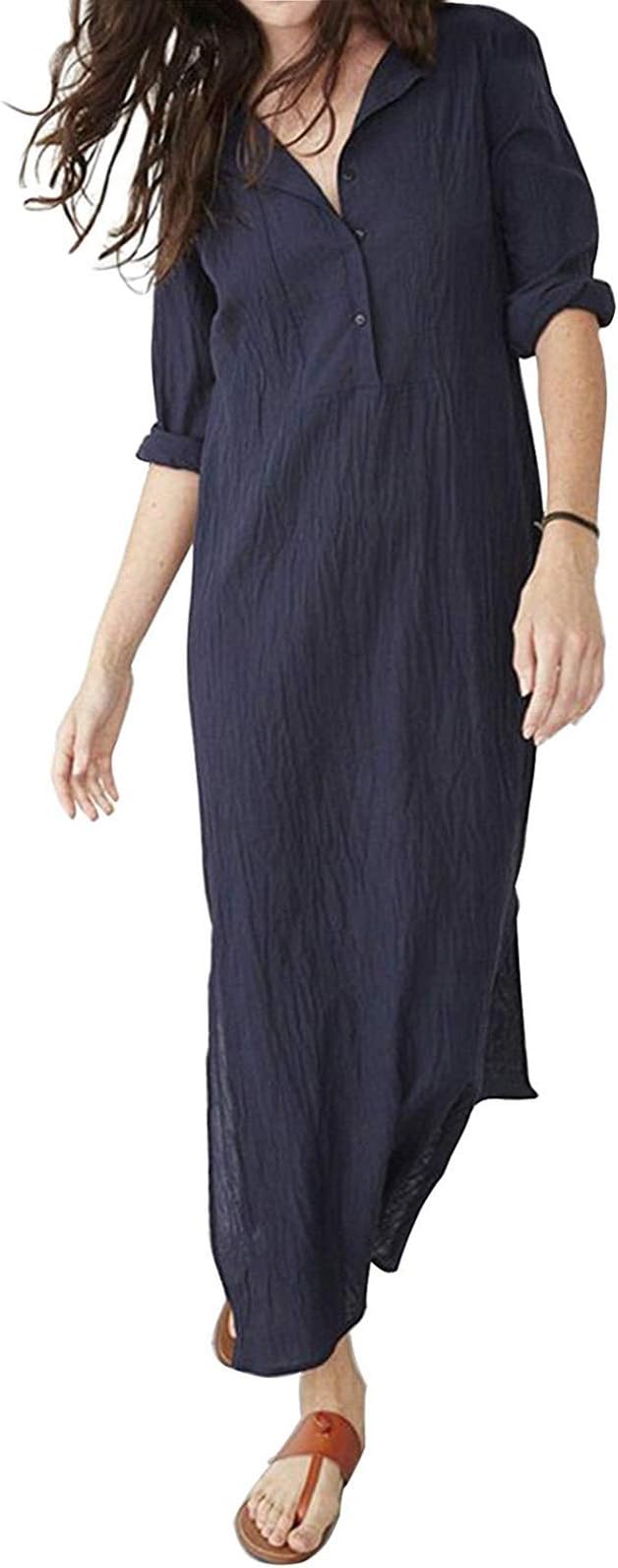 MAGIMODAC Maxi Linen Shirt Dress Blouse Casual Summer Cotton Dresses UK 6 8 10 12 14 16 18 20 (Navy Blue, Tag Size 4XL/UK 18)