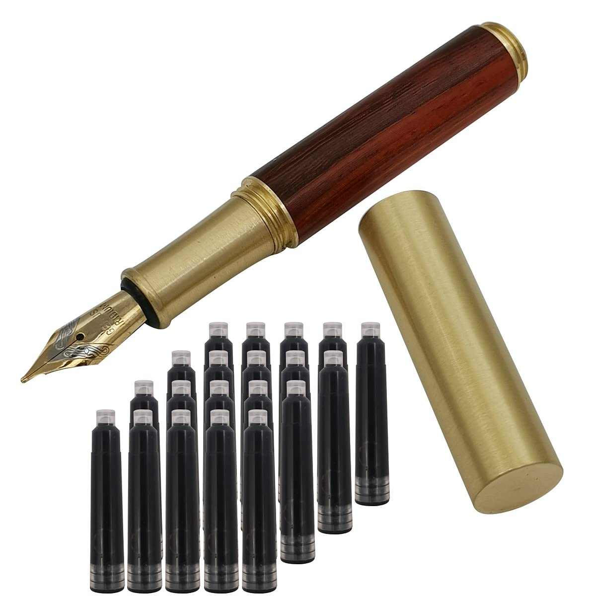 SIPLIV Handcrafted Brass Wooden Fountain Pen Short Paragraph (85mm) Pocket Mini Travel Pen with 20 Pcs Black Ink Cartridges, Brown-red Texture