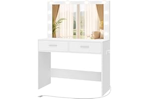 FIONESO Vanity Desk with Large Mirror & 10 Lights, Makeup Vanity with Power Strip and 2 Large Drawers, Vanity Table with 3 Co