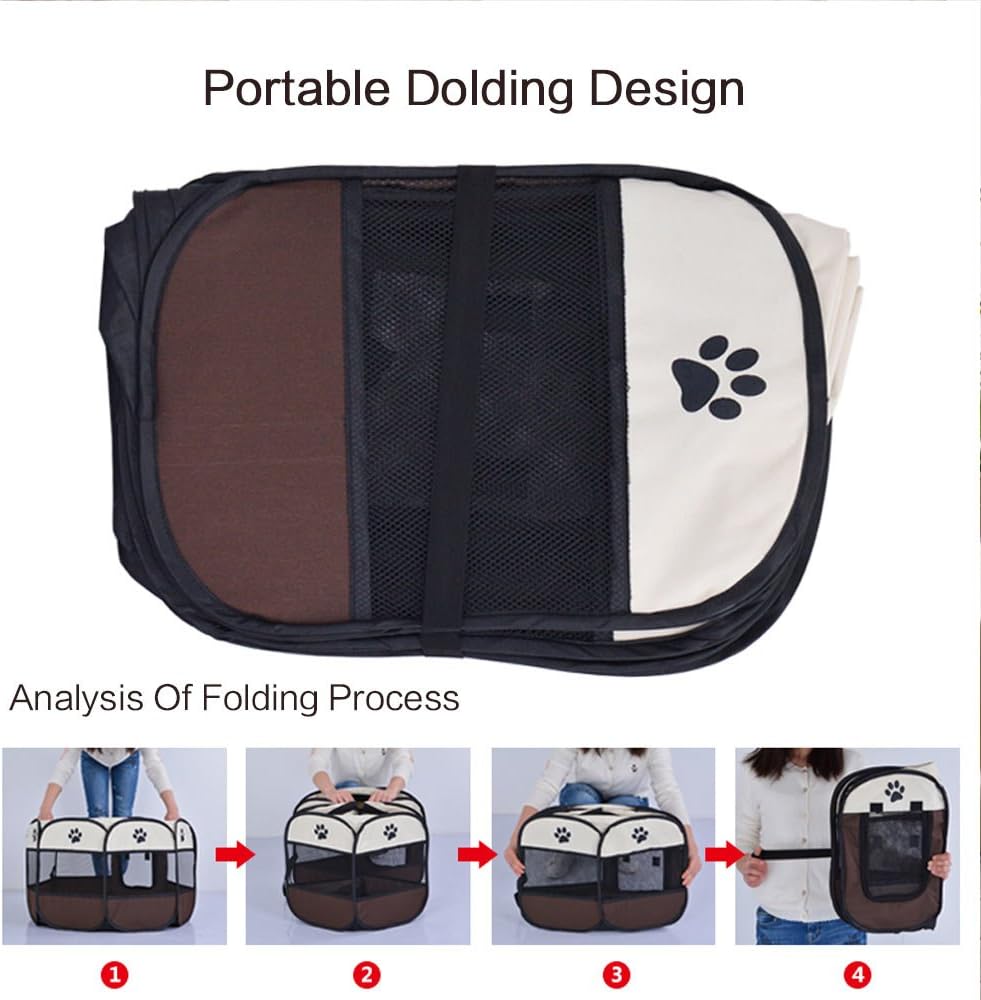 Pop Up Tent Pet Playpen Carrier Dog Cat Puppies Portable Foldable Durable Paw Kennel Brown S : Kitchen & Dining