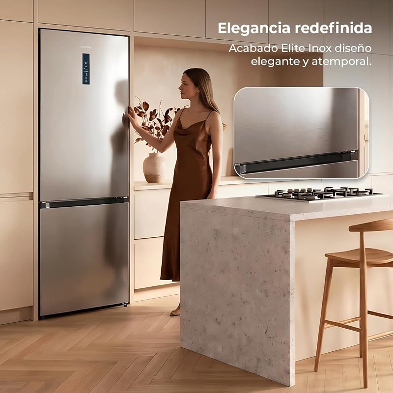 Bolero CoolMarket Combi 405 WL Elite Inox D. Total NoFrost Combi Frigorífico D. 200 cm de altura, 60 cm de largura, Classe D, arrefecimento MetalFlex, Fresh Flex, interior em cinzento Elite, Inox