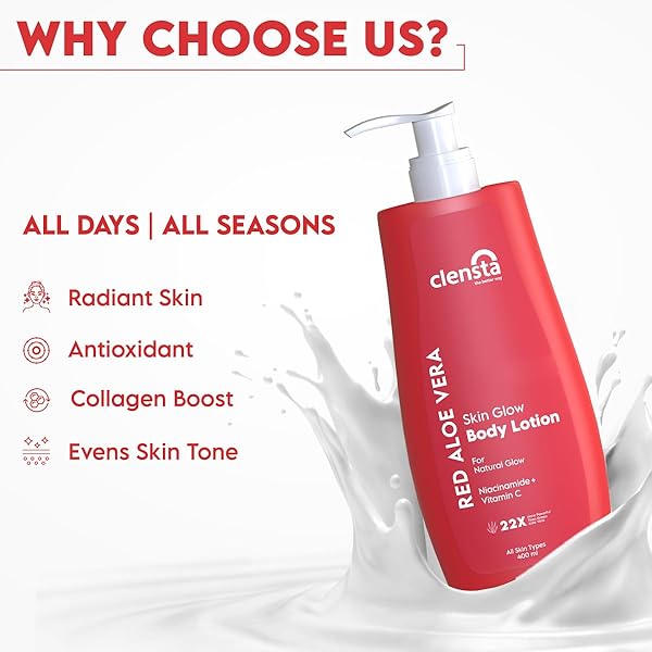 CLENSTA RED ALOE VERA SKIN GLOW BODY LOTION | WITH NIACINAMIDE & VITAMIN C | NATURAL MOISTURIZER FOR RADIANT SKIN | HYDRATING & ANTI AGING LOTION | 13.53 FL OZ (400ML)