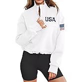 LEEDYA Womens Long Sleeve American Flag Sweatshirts Half Zip Oversized Casual Pullover Top Fall Graphic 4Th Of July USA Shirt