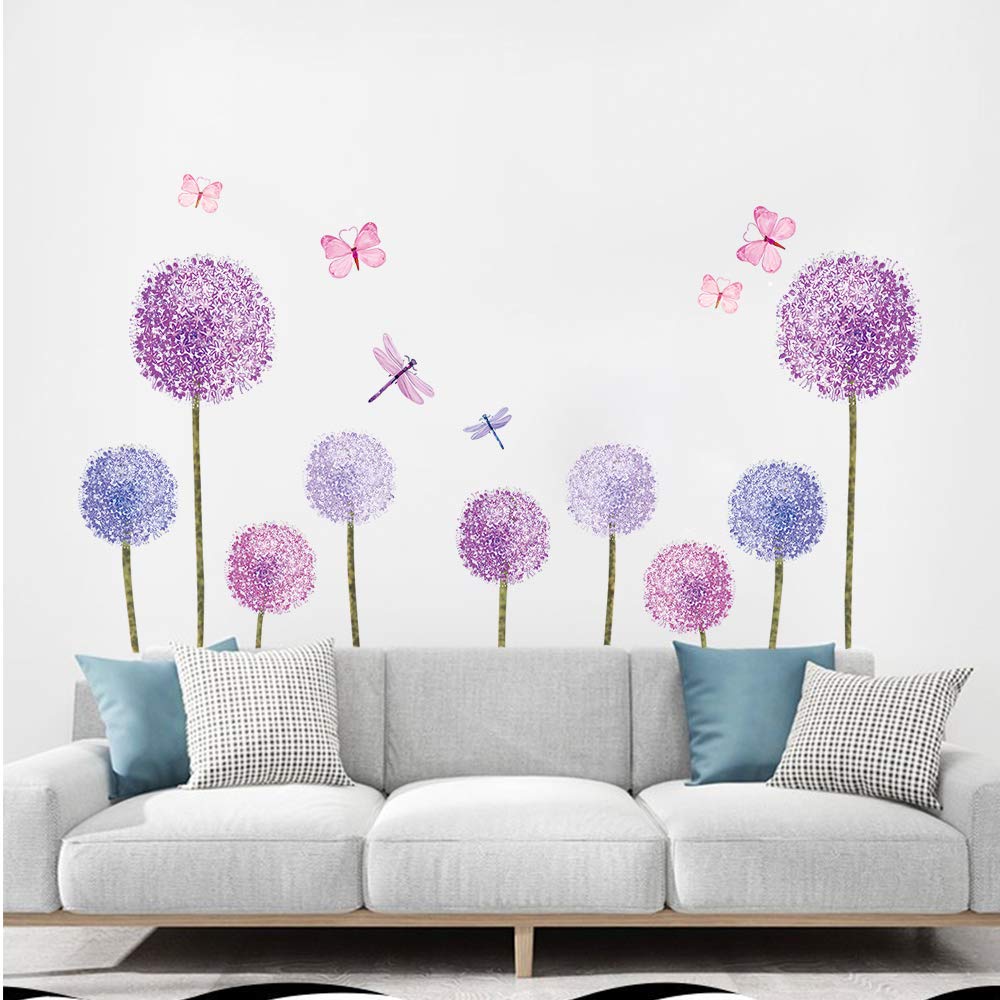 ufengke Purple Dandelions Wall Stickers Butterflies Flower Wall Decals Wall Art Decor for Girls Bedroom Living Room