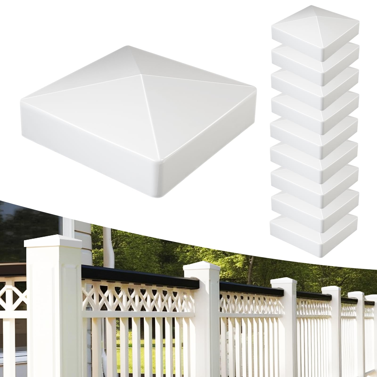 VVLED 10-Pack Fence Post Caps White, 100x100mm Protective Deck Post Caps for Actural 4x4 inch Posts, PVC Fence Post Tops Cover Prolong The Life of Your Fence, Durable Vinyl 4''x4'' Post Decking Caps