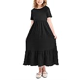 PATPAT Girl's Maxi Dress Boho Short Sleeve Long Dresses Casual Sundress with Pockets 5-14 Years