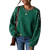 Pearl Sweater for Women Lantern Sleeve Drop Shoulder Crewneck Sweatshirt Knit Chunky Pullover Sweaters with Pearls