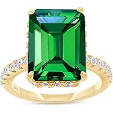 AFFY Solitaire Engagement Ring, 10X14MM Emerald Shape Zambian Emerald Lab Grown Gemstone & Created Moissanite Wedding Promise Ring In 14K Gold Over Sterling Silver (6.40 Cttw)