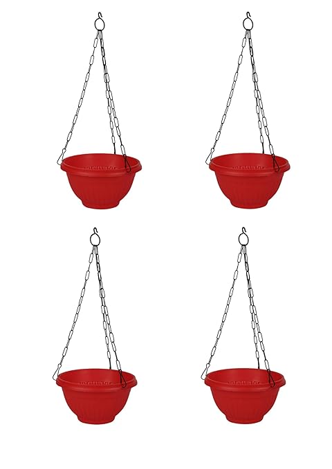 GARDENS NEED 100% Virgin Plastic Daizy Hanging | Set of 4 Hanging Planter, (22cm x 22cm x 24cm, Red)