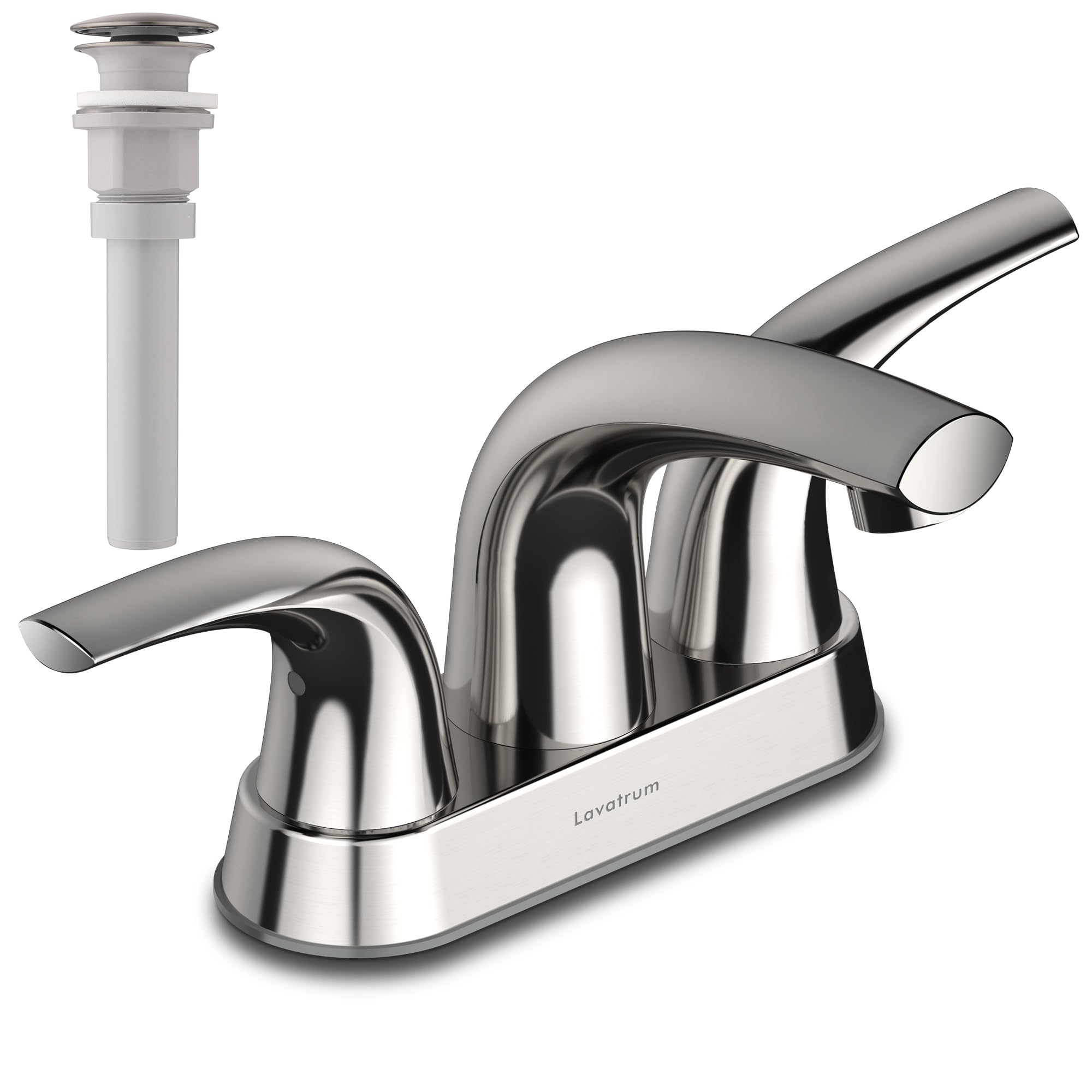Photo 1 of Lavatrum Brush Nickel Bathroom Sink Faucet, Solid Brass 4 Inch Centerset, 2 Handles Modern Vanity Bath RV Faucet with Pop-Up Drain & cUPC Hose
