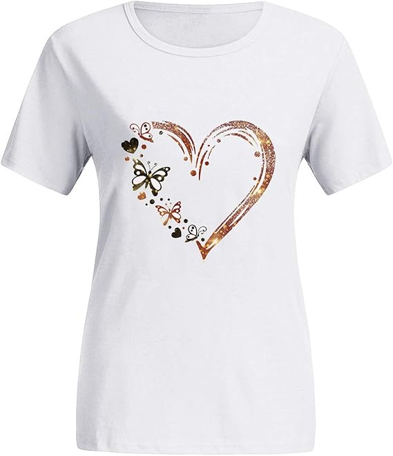 Amazon Tシャツ レディース 半袖 カジュアル ペア カップル ロゴtシャツ Yokino ハート プリント カラフル 蝶 イラスト 韓国風 無地 丸首 ファッション 恋人 出掛け 人気 お洒落 トップス カットソー カジュアルtシャツ 通勤 通学 夏服 Tシャツ カットソー 通販