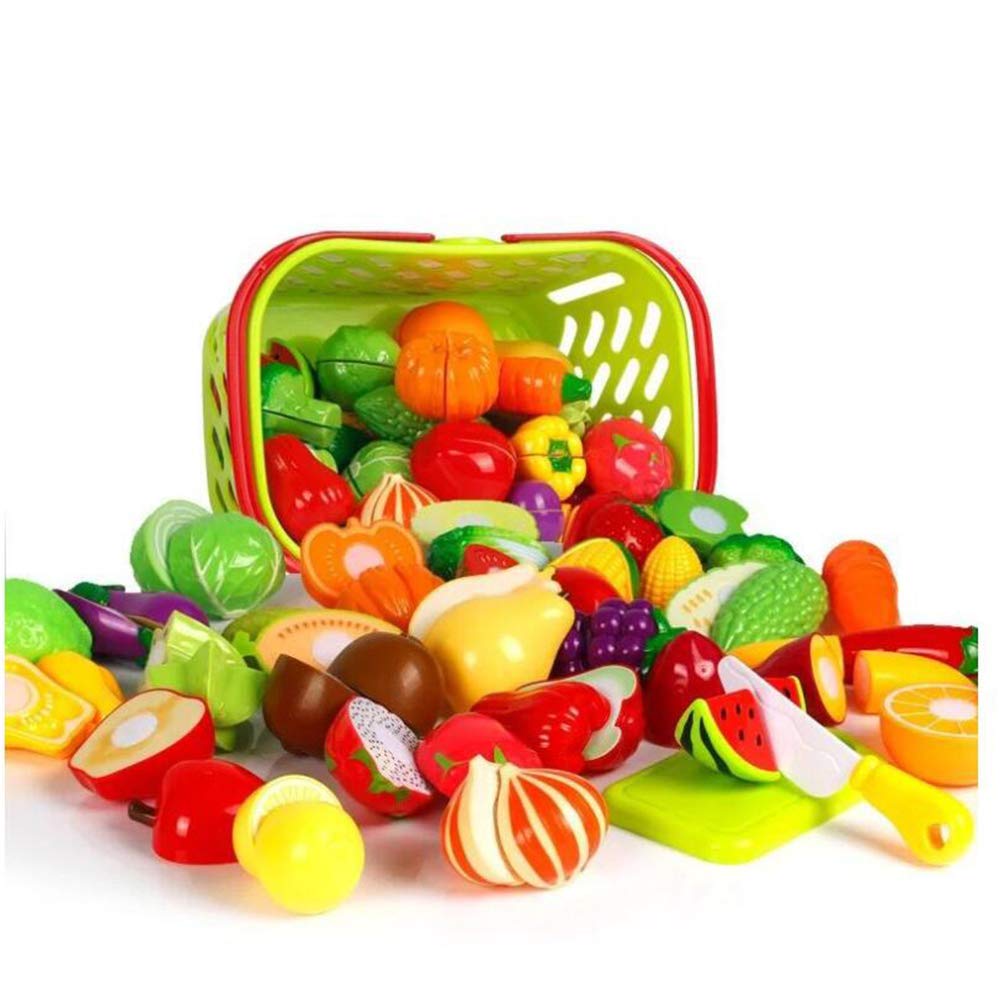 30 PCS Cutting Play Food Toy for Kids Kitchen, Pretend Fruit &Vegetables Accessories with Shopping Storage Basket, Plastic Mini Dishes and Knife, Educational Toy for Toddler Children Birthday Gift