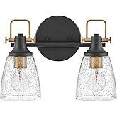 Hinkley Easton Two Light Bath Vanity Fixture, Modern Industrial, Clear Seedy Glass Shade, Mounts Up or Down, Black and Herita