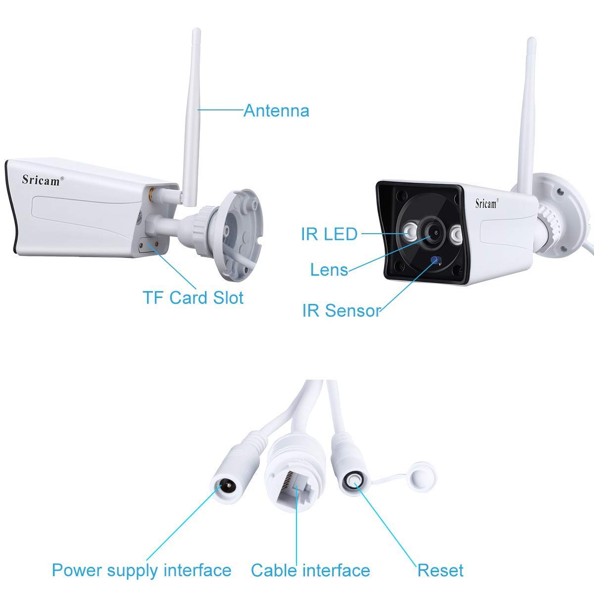Sricam Caméra IP HD 1080p sans Fil Etanche Vision Nocturne Caméra de sécurité WiFi ONVIF IR-Cut Support Détection du Mouvement Alarme Mail/Téléphone Accès à Distance PC Phone P2P Blanche