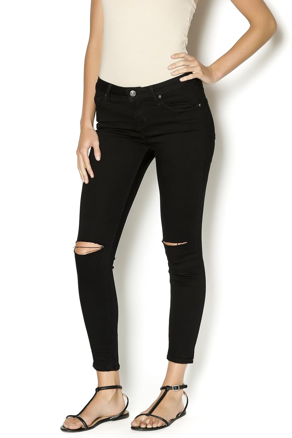 ansh fashion wear women's denim jeans - contemporary regular fit denims for women - mid rise - full length- knee cut -black