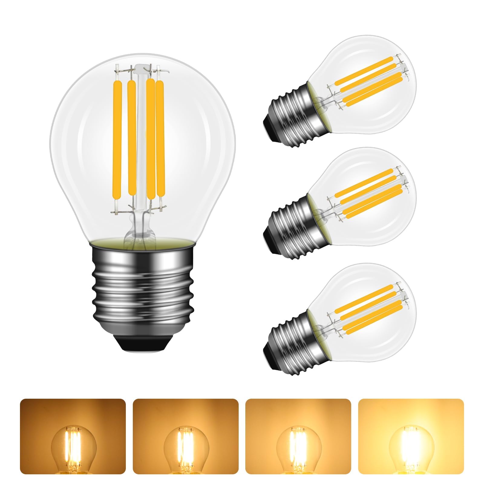 Caldarax 4 Pack 4W E27 LED G45 Filament Golf Ball Bulb Dimmable, Warm White 2700K, 40W Equivalent, Large Edison Screw, 400lm, E27 LED Vintage Glass Globe Bulb, Transparent, Energy Saving Light