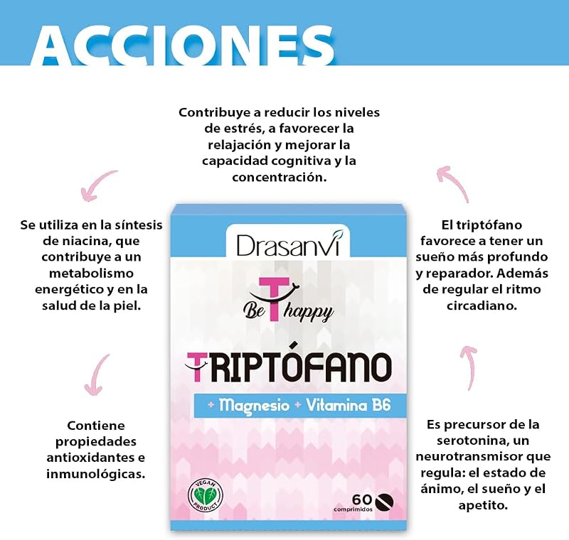 Drasanvi triptofano em 60 comprimidos para descanso diário sem glúten