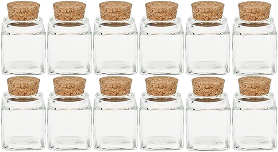 Spice Jars Set with Press Corks | 12 Pieces | Capacity 50 ml | Cub Square High Quality Glass | Glass Jar Glass Jar Ideal for Salt Pepper Sunflower Seeds Pumpkin Seeds Candies Sweets Cork Jars