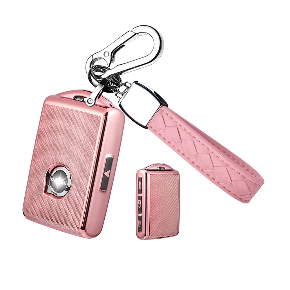 HIBEYO For Volvo Car Key Case Carbon TPU Protective Case Key Cover for Volvo XC60 XC90 S90 V90 XC40 S60L 2021 Smart Side Buttons Keyless Car Key Remote Control Cover pink