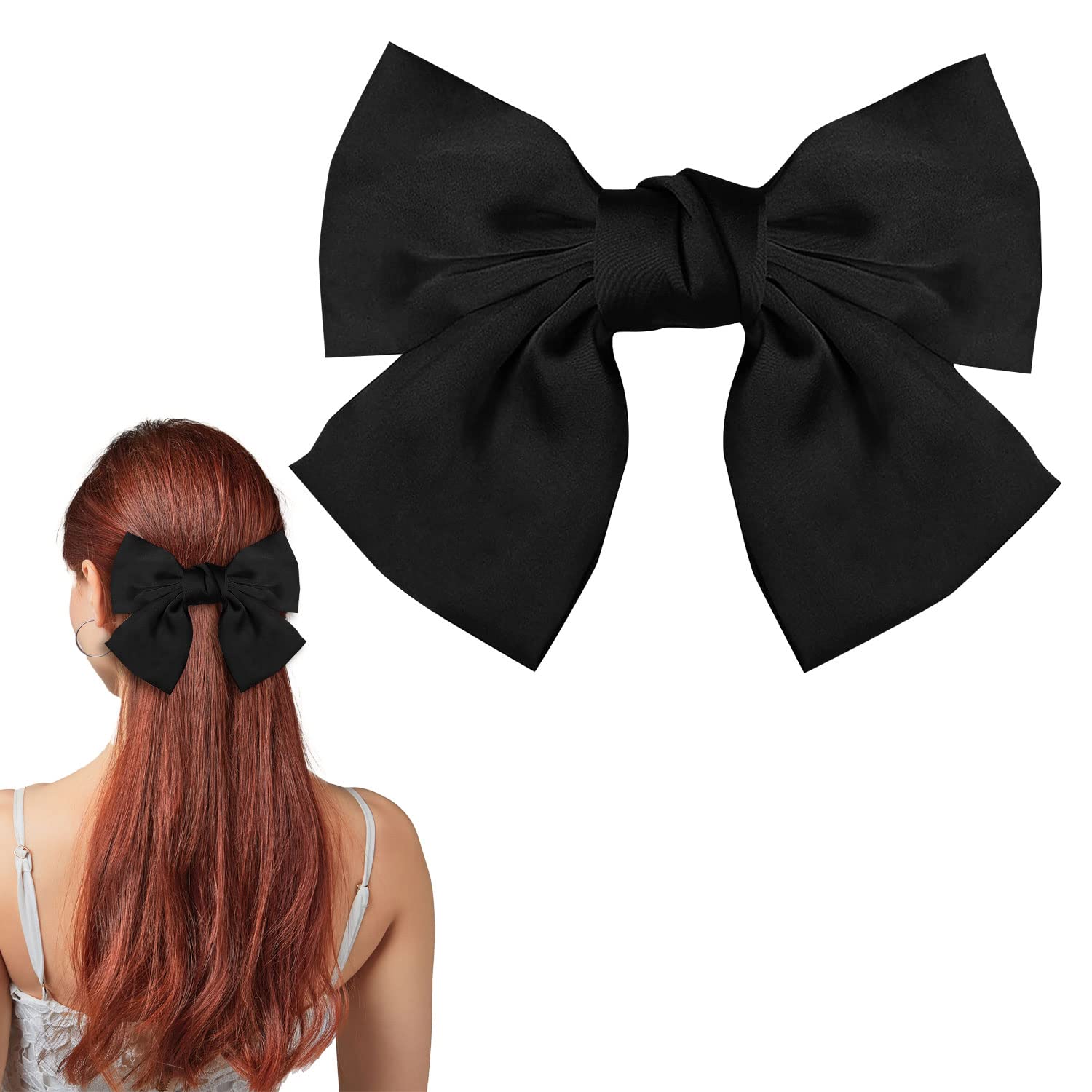 Bow Hair Clip, Hair Bows for Women Big Bowknot Hairpin French Hair Clips with Long Ribbon Solid Color Barrette Clips for Women Girls(Black)