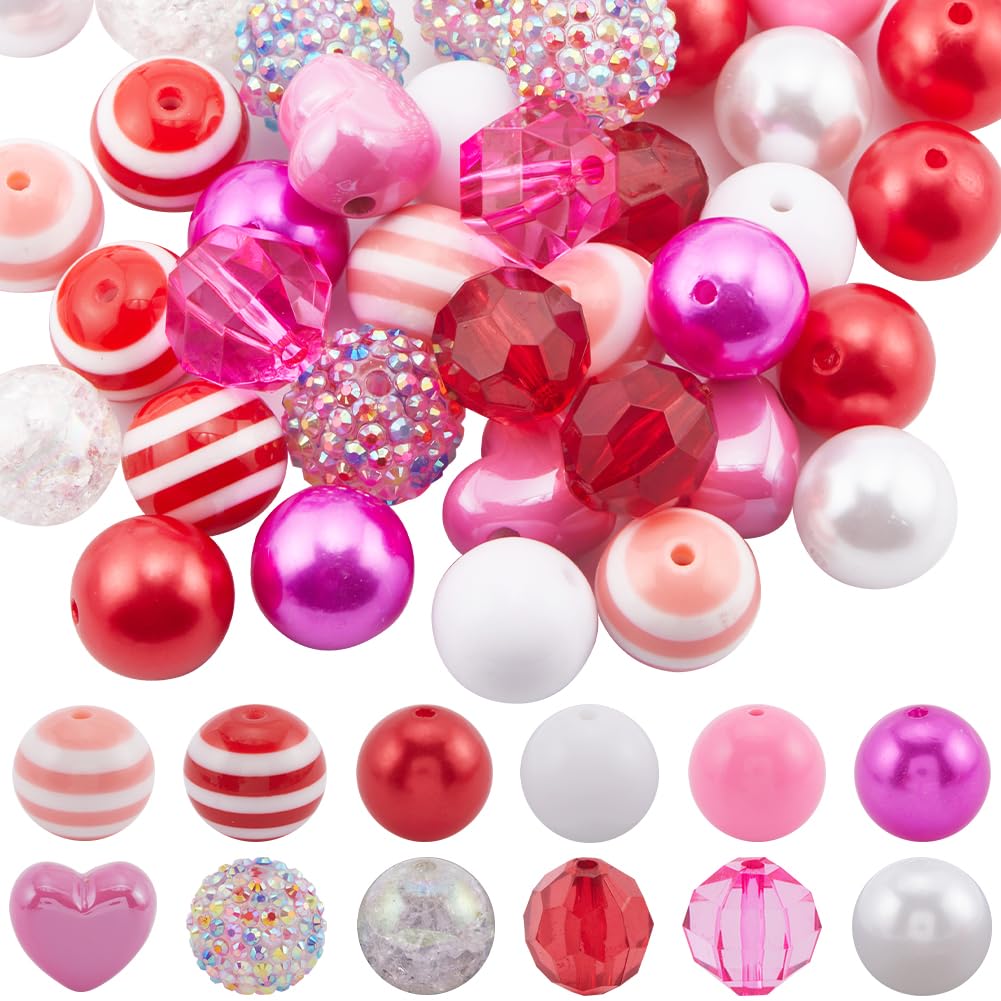SUNNYCLUE 60Pcs Pink 20mm Candy Beads Pen Beads Bulk Bubblegum Round Pink Acrylic Plastic Rhinestone Large Focal Heart Beads for Valentine's Day DIY Crafting Beadable Pens Key Chains Bracelet Necklace