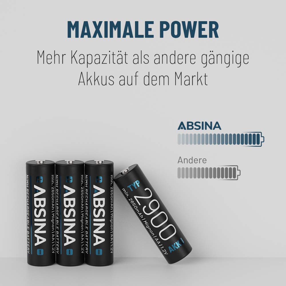 ABSINA Akku AA wiederaufladbar 2900 NiMH mit 1,2V & min. 2650mAh 4