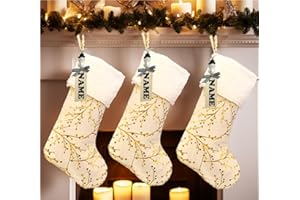AOGU 3pcs 20 Inch Gold Faux Fur Christmas Stockings with Berries Branches for Merry Christmas Xmas Party Home Tree Decoration