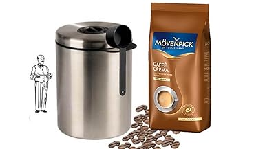 Mövenpick Cafe Crema 1kg + Edelstahldose für 1 kg Kaffeebohnen Neu mit Silicabag von Conny Clever® zur Erhaltung der Aromasto