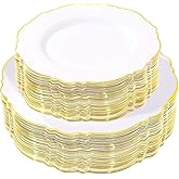WDF 100pcs Gold Plastic Plates - High-end Baroque Design - Heavy Duty White &Gold Wedding Plates Set Ideal for Weddings/Party/Bridal Shower/Valentine's Day