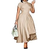 Seltaon Women Elegant Semi Formal Midi Dresses Short Sleeve A Line Church Cocktail Party Dress Plus Size