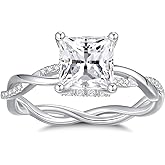 AmoreNel 1.5CT 2CT Princess Cut Moissanite Rings for Women D Color VVS1 Moissanite Engagement Ring S925 Sterling Silver Promise Wedding Rings for Women