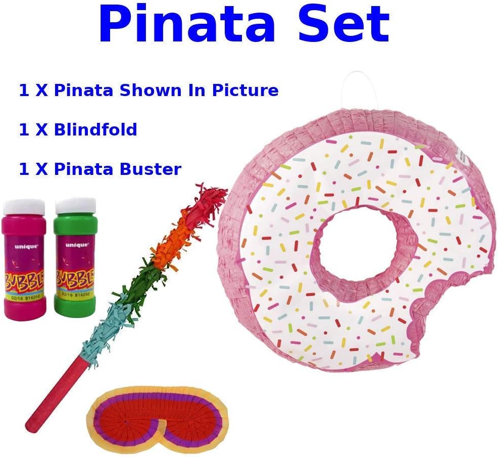 UniqueParties Donut Pinata Set - Pinata, Buster and Blindfold and Bubbles