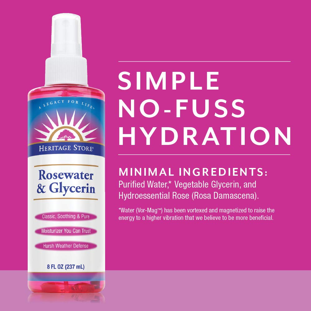 Heritage Store Rosewater & Glycerin | Hydrating Mist for Skin & Hair | No Dyes or Alcohol, Vegan & Cruelty Free | 8oz : Glycerin And Rosewater : Beauty