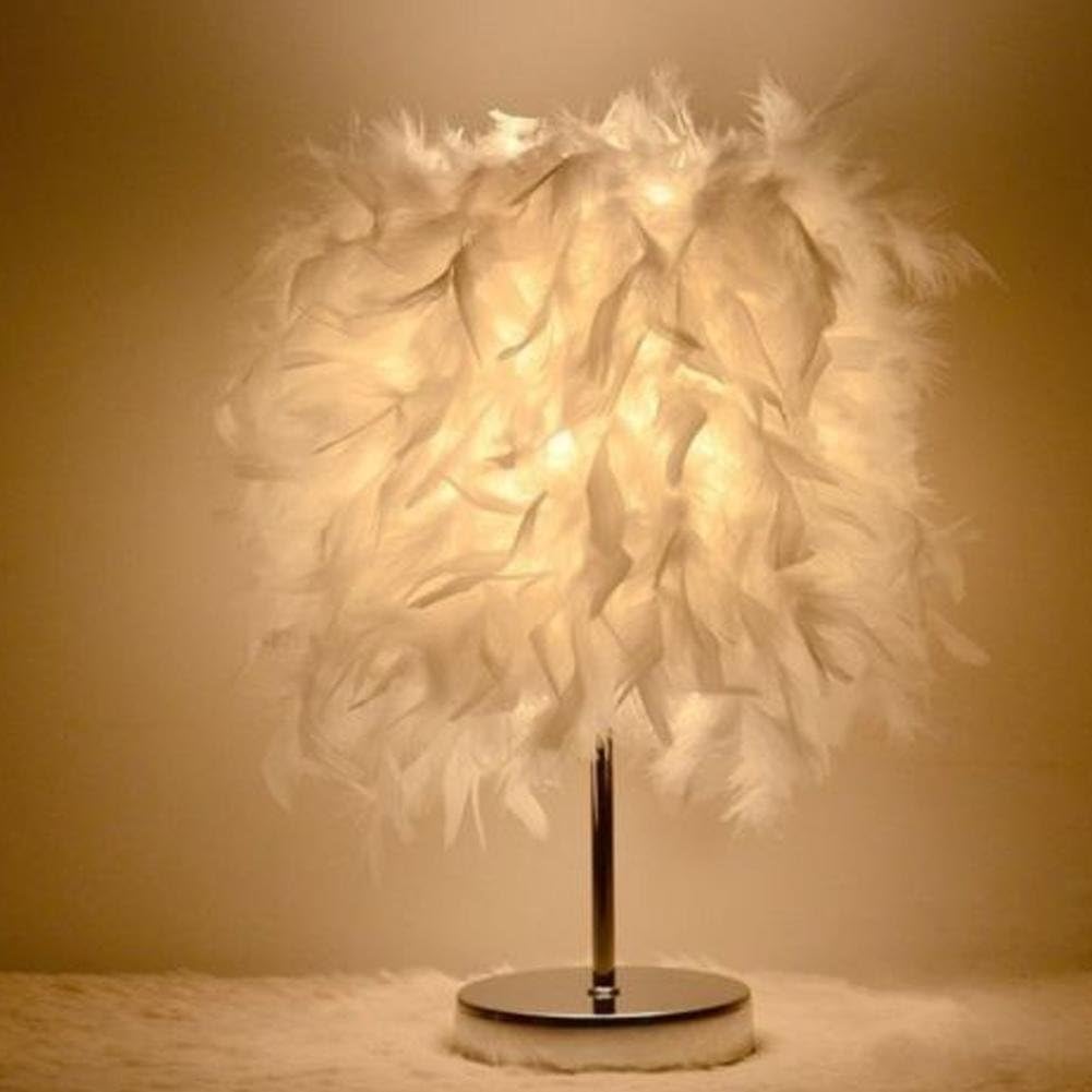 Feather Shade Table Lamp Metal Vintage Elegant Bedside Desk Night Light Decor (White)