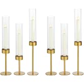 Set of 6 Ribbed Glass Hurricane Candle Holders Gold Metal Base | Elegant Taper Candlestick Holders for Dining Table Wedding Christmas Home Decor