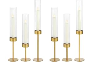 SAIGUOMI Glass Hurricane Candle Holders Set (6pcs)-Gold Metal Base Taper Candle Stick Holders for Candlesticks Holder Decor, Elegant Dining Table Centerpiece for Wedding, Christmas & Home Decor-Ribbed Glass
