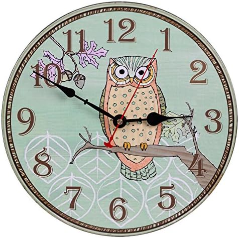 SEJU 12" Silent Wooden Wall Clocks for Living Room, Kitchen, Bedroom, Office, Lounge, Vintage/Country/Retro/French Style, Owl Decorative Wall Clock with Non-ticking (Owl)
