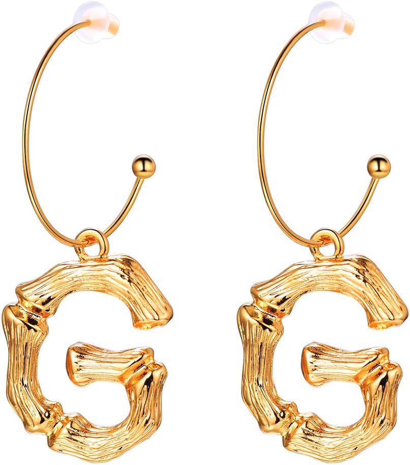 FOCALOOK Letter Earrings Semi-Hoop Drop Dangle Capital Alphabet Small Charms Fashion Jewelry Open Half Circle Round Wire 18K Gold Plated Metal Alloy Bamboo Initial Earrings for Women Girls