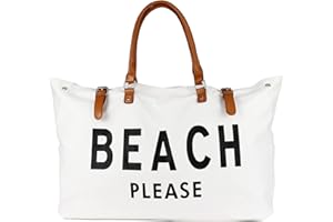 LAMYBA Beach Bag with Vegan Leather Handle, Extra Large Beach Bag for Women Waterproof Sandproof, White
