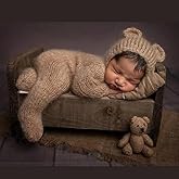 Vomdrok Newborn Photography Props Boys Girls Outfits Mohair Bear Hat Romper Bodysuit Baby Photoshoot Clothes Photo Props for Babies (Camel color)