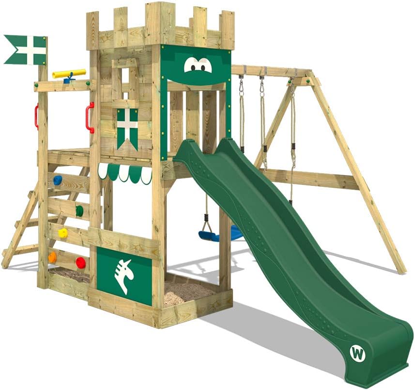 WICKEY Wooden Climbing Frame RoyalFlyer with Swing Set and Green Slide, Knight's Playhouse for Children with Sandpit, Climbing Ladder & Play-Accessories