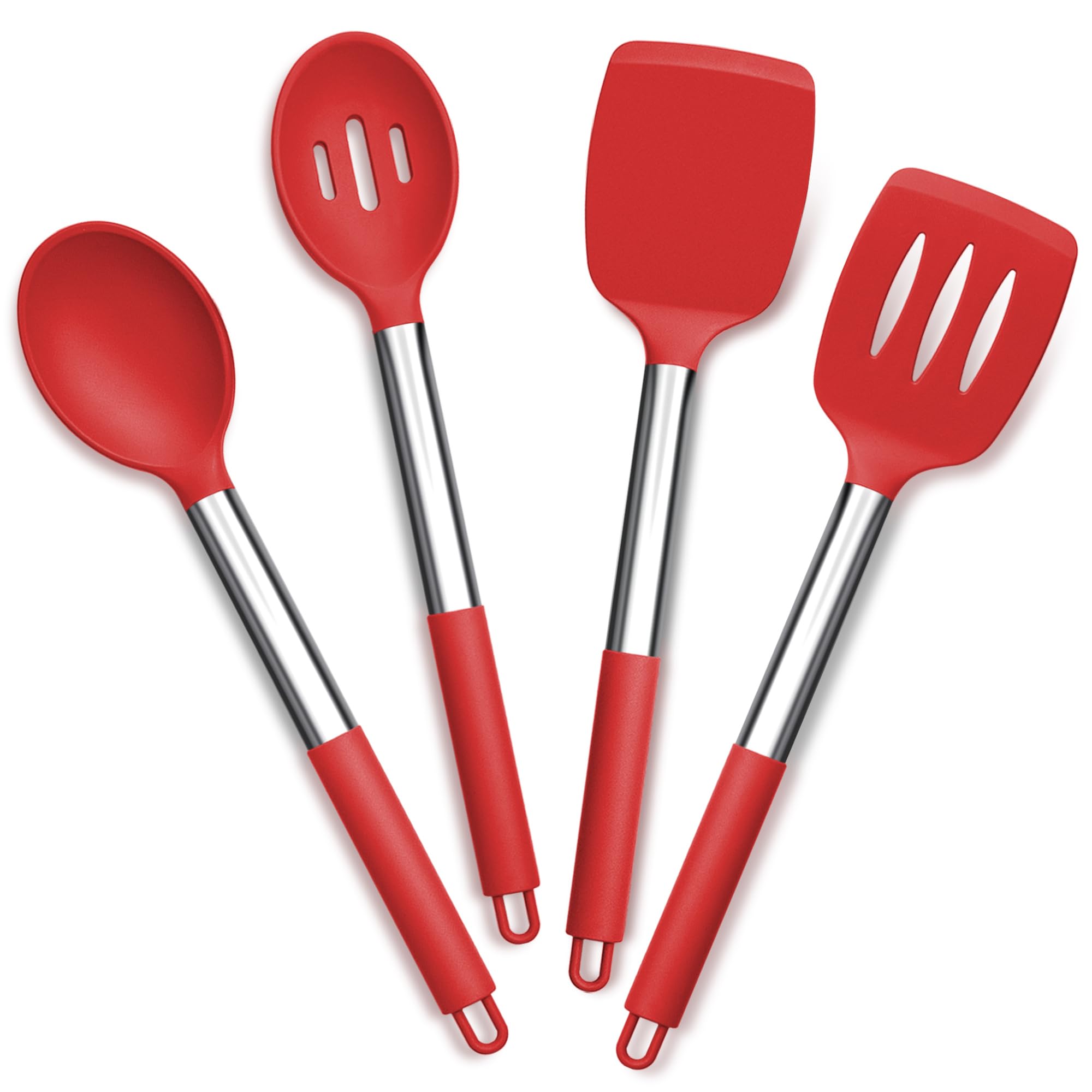 Joyfair Kitchen Utensils Set, 4 Pack Silicone Cooking Utensils Set, Stainless Steel Spatula Turner Spoon Cookware Ideal for Cooking Mixing Serving Stirring, Non Stick & Dishwasher Safe, Red