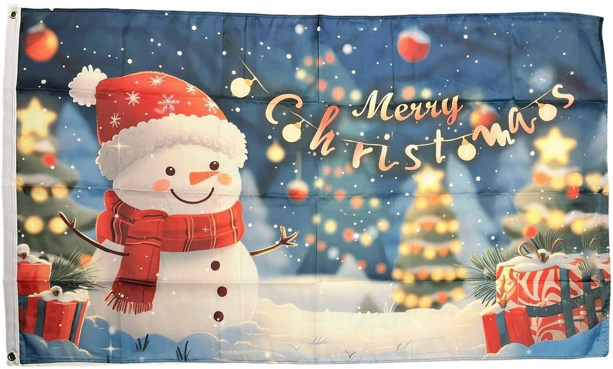 NWFlags Merry Christmas Happy Snowman Flag 5ft x 3ft 75d Premium Polyester Suitable For Flagpoles | Strong Polyester 5x3 foot material flag with Eyelets