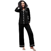 WiWi Pajamas for Women Bamboo Viscose Soft Ribbed Sleepwear Button Down Top and Pants 2 Piece Loungewear S-XXL